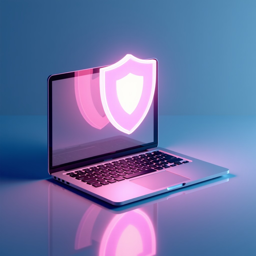 A safe and clean workspace with a glowing shield over a modern laptop, bright and secure atmosphere, high quality 3D illustration, 4:3