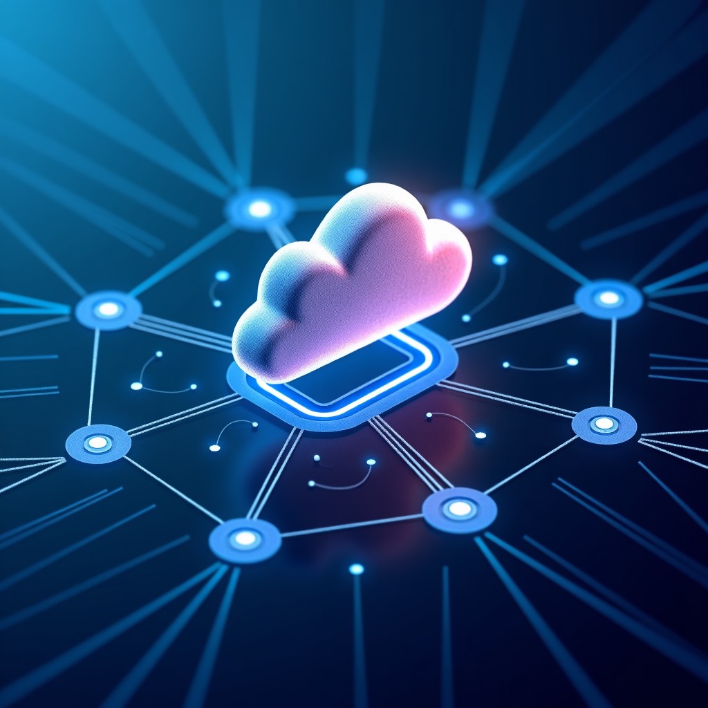 A wide-angle view of a stable and secure cloud network topology. Abstract nodes and connections glowing with steady light, representing reliability and high performance. Modern and clean aesthetic. No text. 4:3