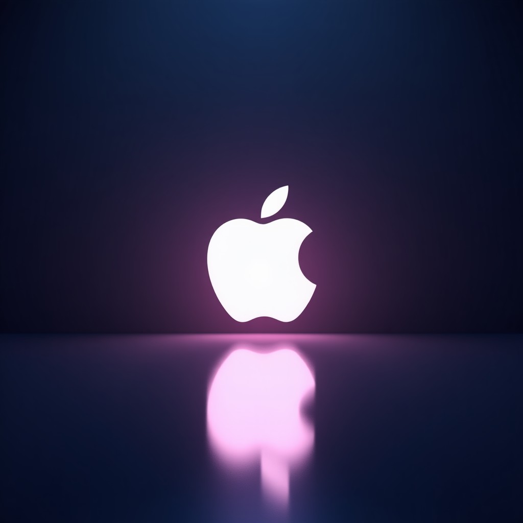 A sleek and mysterious Apple event invitation card with the text Special Experience written in a futuristic font. The background is a soft gradient of deep purple and blue with a glowing Apple logo in the center. Professional lighting, 4:3
