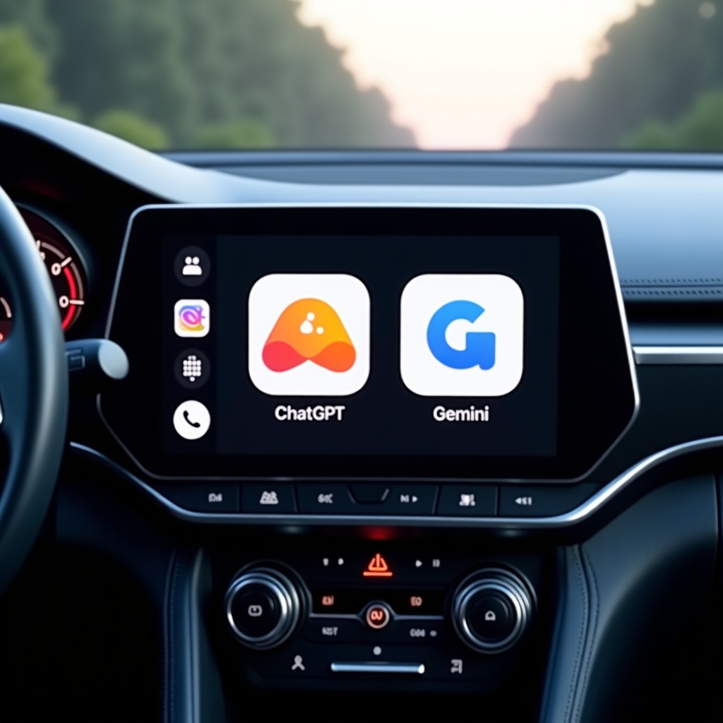 Realistic car interior with Apple CarPlay interface displaying modern AI assistant logos like ChatGPT and Gemini on the center dashboard screen, cinematic lighting, high resolution, 4:3