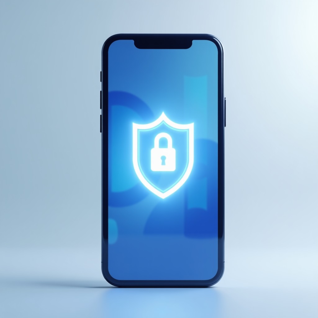 A high-tech smartphone screen showing a secure verification shield with an Apple logo, soft blue and white lighting, clean modern 3D render style, 4:3