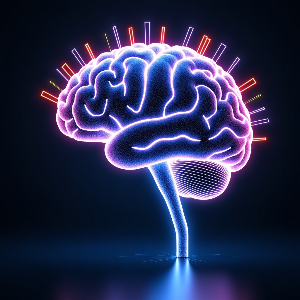 A futuristic digital brain with glowing neural networks and data streams representing artificial intelligence advancements, high contrast neon colors, 4:3