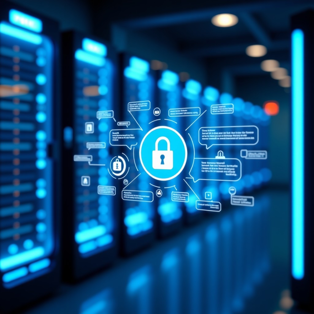 A high-tech artificial intelligence laboratory with glowing blue server racks and a digital interface showing a secure padlock icon over a chatbot interface, cinematic lighting, futuristic atmosphere, 4:3