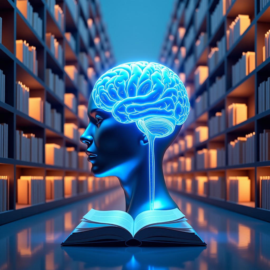 A professional digital illustration showing an AI brain connected to a vast library of glowing books, representing Anthropic Claude book learning process, futuristic and intellectual atmosphere, 4:3