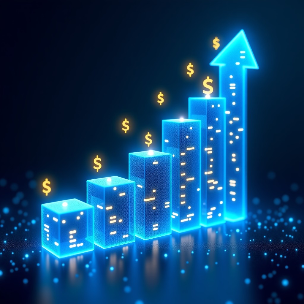 Abstract digital representation of exponential financial growth with glowing blue neural network patterns and rising golden currency symbols in a sleek modern technological environment 4:3