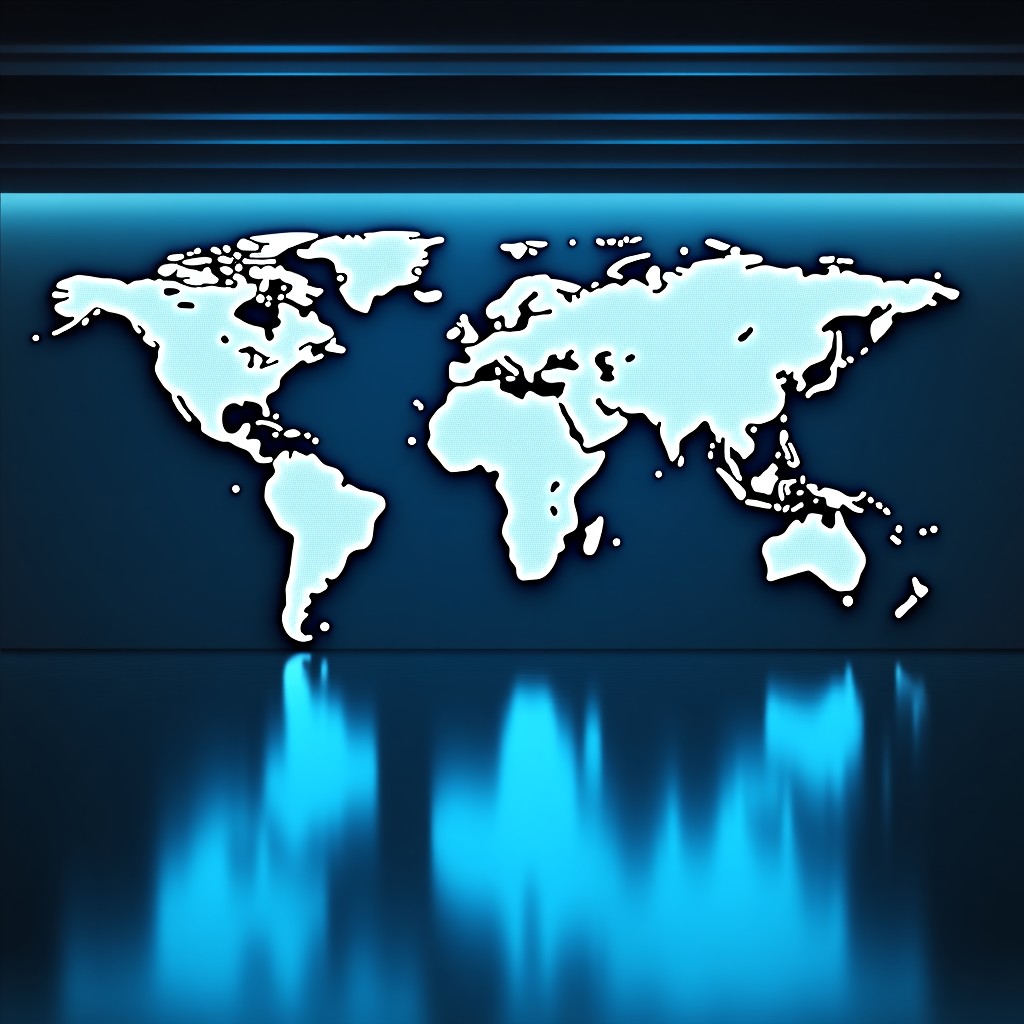 A sleek modern office interior with a digital world map in the background, cool blue lighting, representing a global tech company headquarters, 4:3