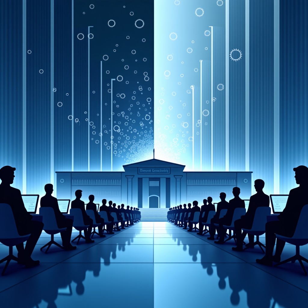 A professional and modern digital illustration showing a conceptual tension between a high-tech AI company office and the Pentagon building. One side represents neural network patterns and the other side represents defense and military symbols. The atmosphere is serious and high-stakes with a blue and grey color palette. No text. 4:3