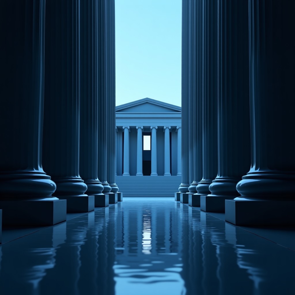 A symbolic high-contrast image showing a sleek modern AI technology logo contrasting with the heavy stone architecture of the Pentagon building. Dramatic lighting, blue and gray color palette, professional and serious atmosphere. 4:3