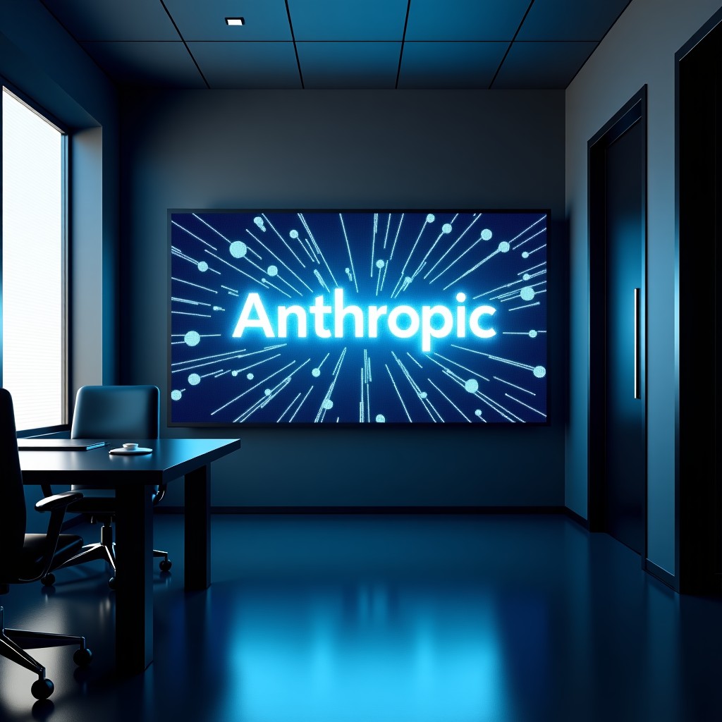 A sleek modern office environment with a large digital screen displaying abstract neural network connections and the word Anthropic in a professional font. High-end technology aesthetic, cinematic lighting, 4:3