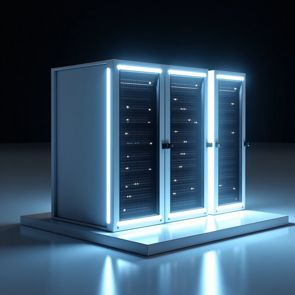 1 meter modular TILE server rack for space, thin and flat structure, integrated solar panels, cinematic lighting, 4:3