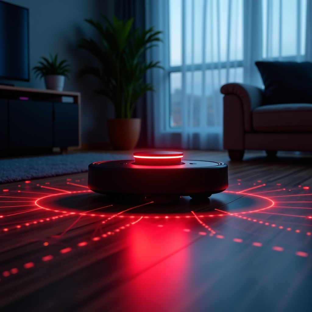 A robotic vacuum cleaner moving across a dark living room floor with a glowing red light indicating a security breach, digital grid patterns overlaying the floor, cinematic lighting, high contrast, 4:3