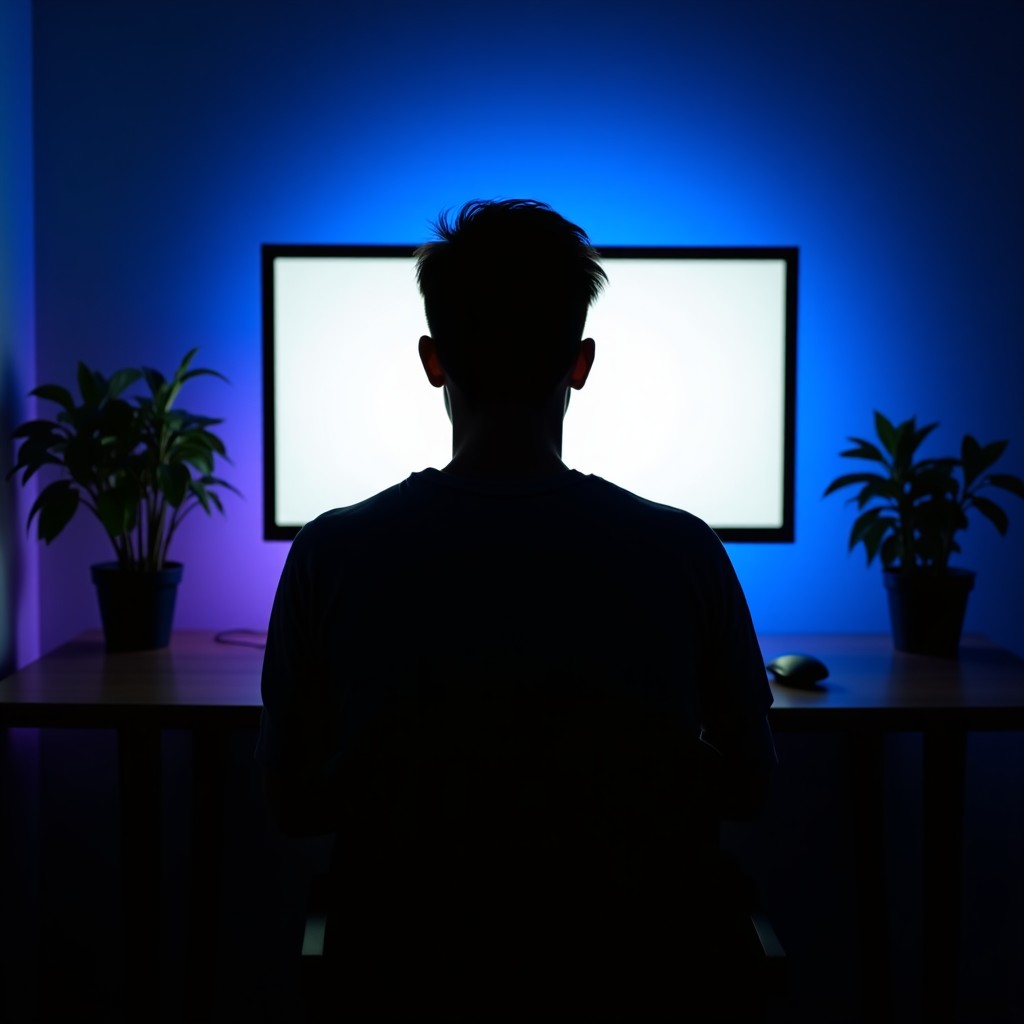Lifestyle photography of a silhouette of a person sitting in front of a glowing computer monitor in a dark room, blue and purple ambient lighting, natural setting, no text, 4:3