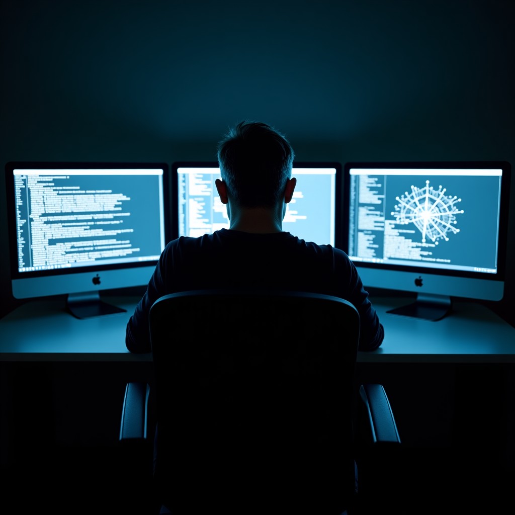 A middle aged man sitting in a dark room illuminated only by three computer monitors displaying complex text and neural network visualizations. He looks intensely focused and slightly exhausted. The atmosphere is melancholic and isolated. High quality photography style, 4:3