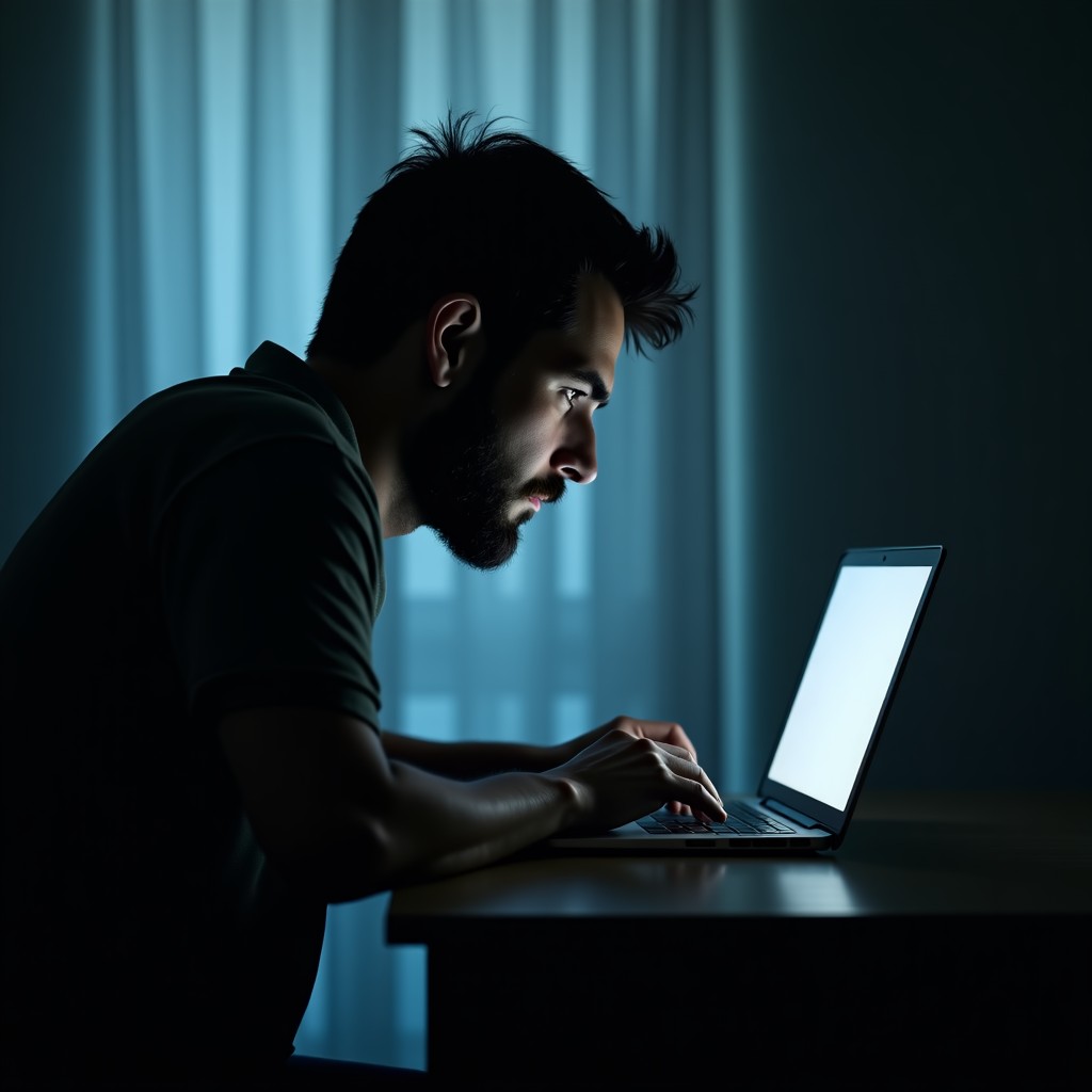 A silhouette of a person using a laptop in a dimly lit room, with the screen light reflecting on their face. The setting is atmospheric and moody, suggesting a sense of mystery or hidden digital activity. No text. 4:3