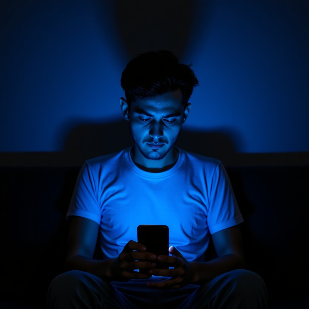 A person sitting in a dark room illuminated only by the blue light of a smartphone screen, looking intense and isolated, lifestyle photography, 4:3