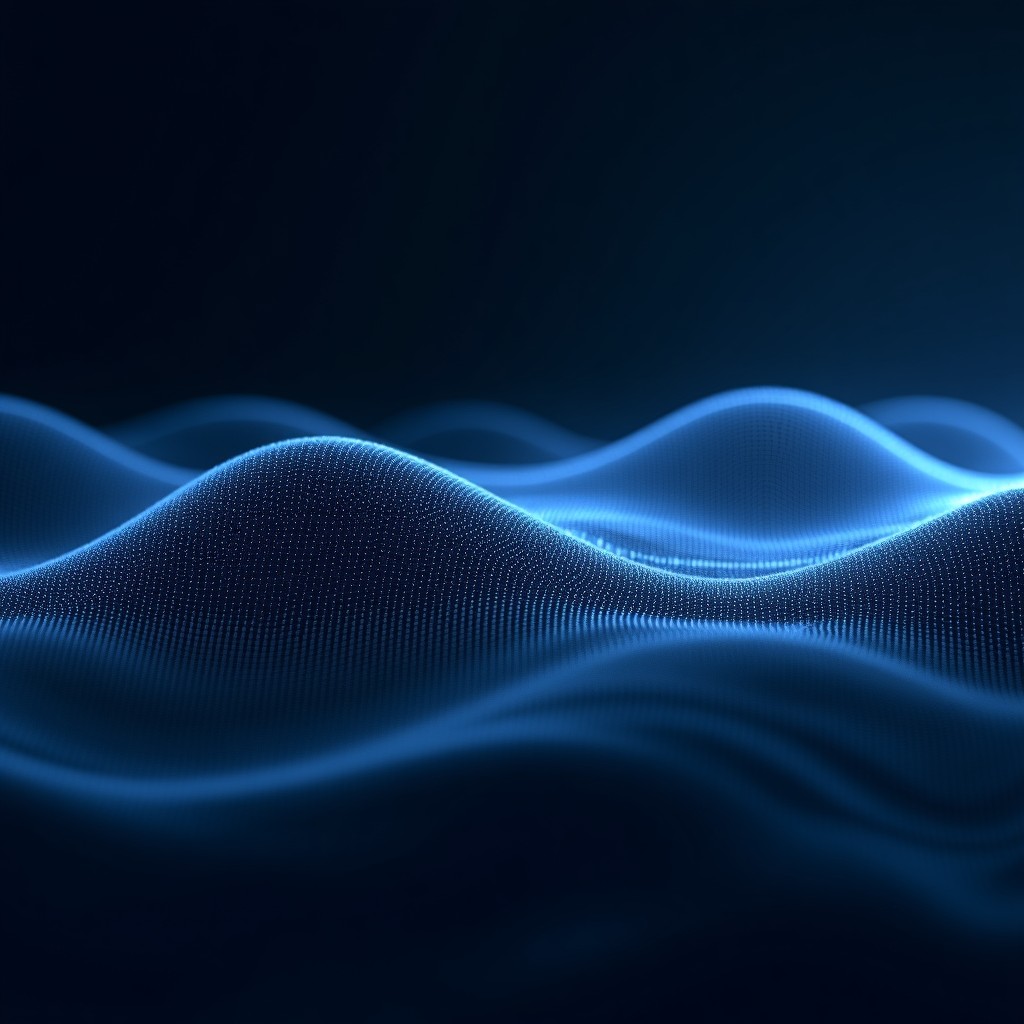 An abstract visualization of digital voice waves and complex algorithms interacting in a dark space, representing voice AI technology, sleek and modern, 4:3