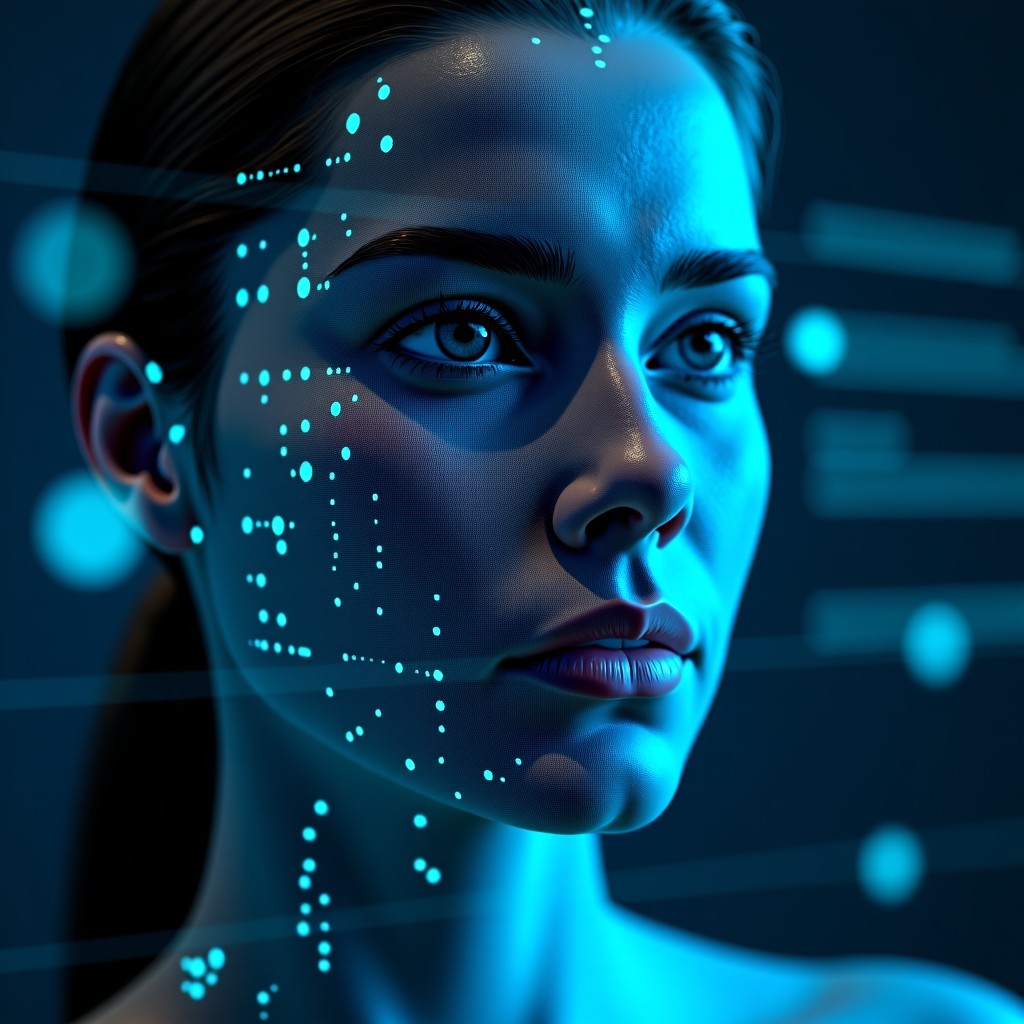 A high-tech digital interface showing a human face being analyzed with biometric scanning points and data nodes, futuristic blue tones, high contrast, 1:1