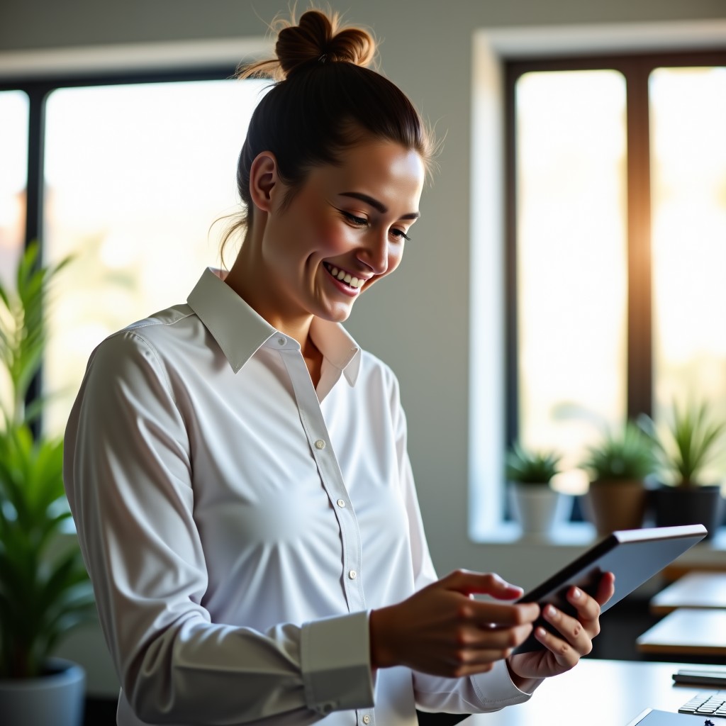 A professional business person in a modern sunlit workspace looking at a tablet with a satisfied smile, clean and airy environment, 4:3