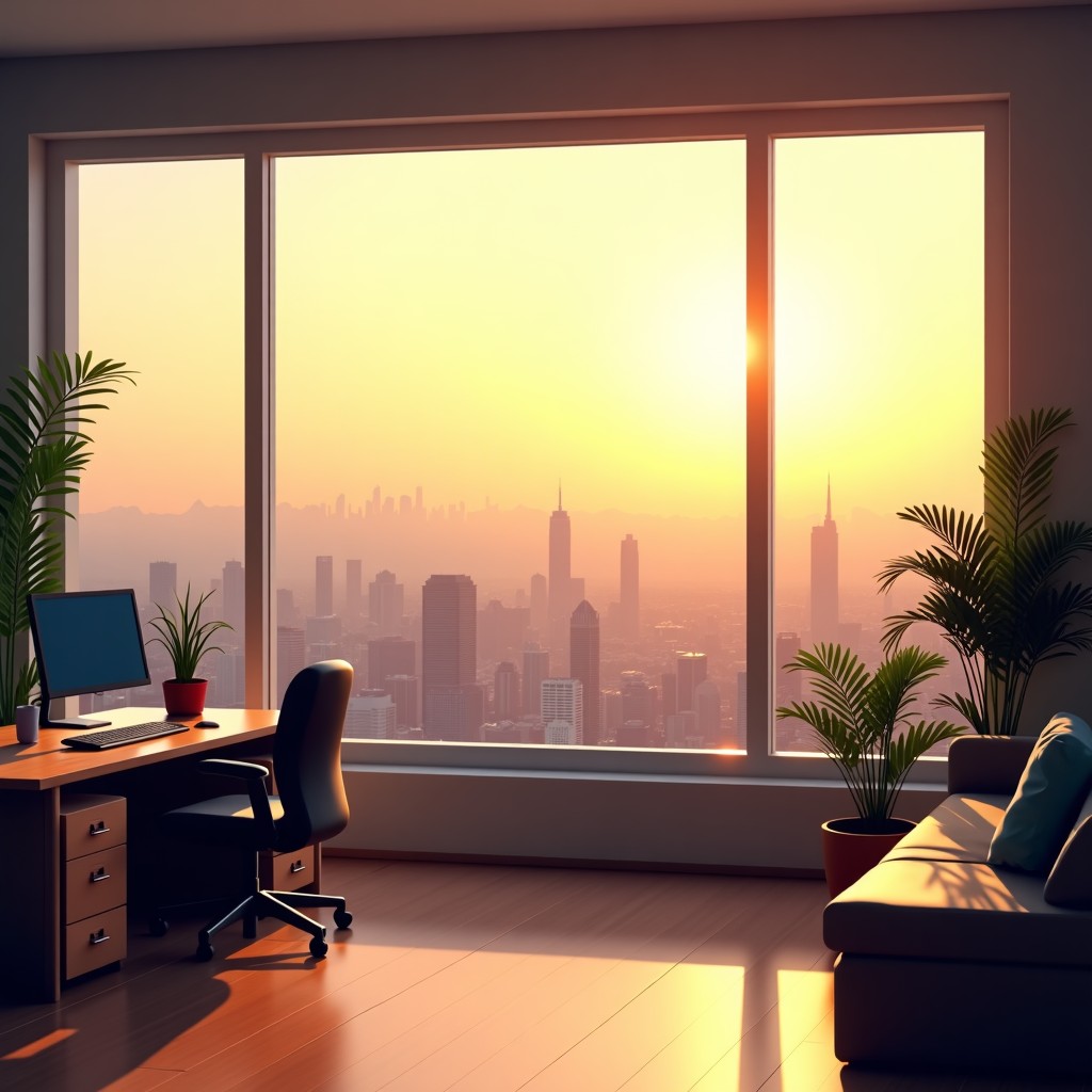 A serene workspace with a view of a city through a large window, symbolizing productivity and peace of mind through technology, warm sunlight, 4:3