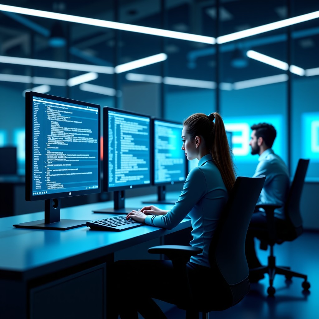 High-tech AI software agents working on multiple computer screens, futuristic office environment, sleek and professional, high contrast, 4:3