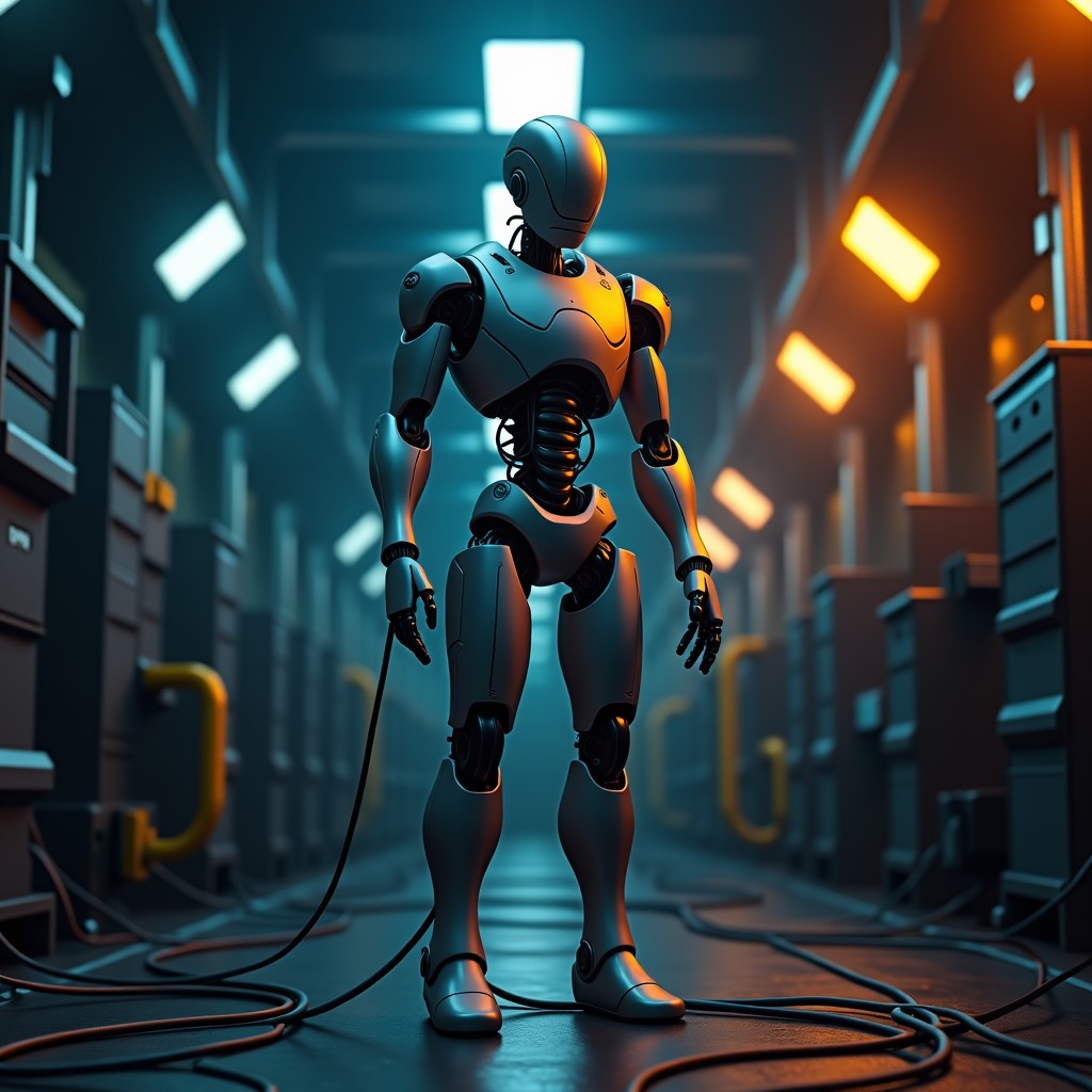 A metallic robot connected to multiple glowing power cables in a dark room, industrial setting, orange and blue lighting, high detail, 4:3