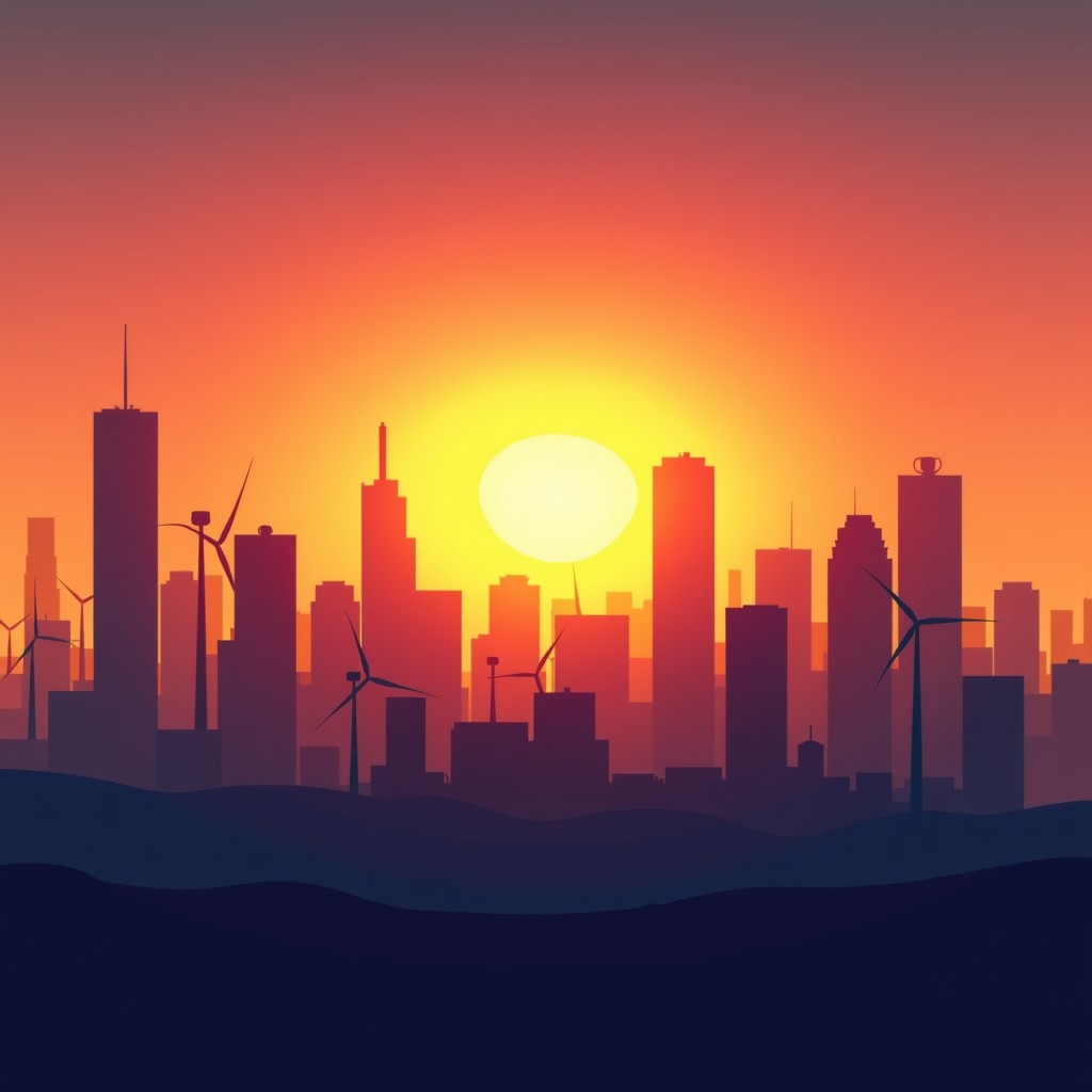 A sunrise over a modern city skyline with silhouettes of renewable energy installations and high-tech buildings, 4:3