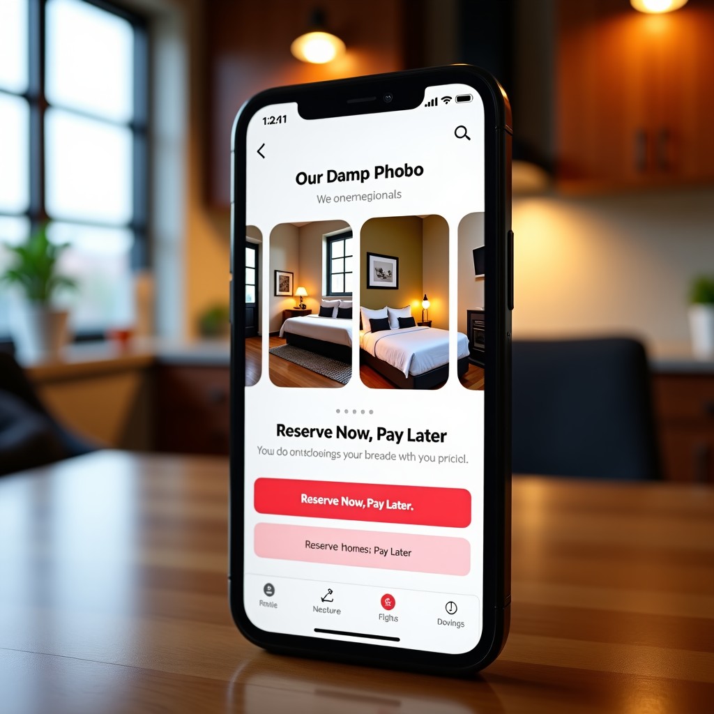 A smartphone displaying the Airbnb mobile app interface with a clear 'Reserve Now, Pay Later' button, high-quality travel photos of cozy homes on the screen, clean and modern UI design, bright indoor lighting, 4:3