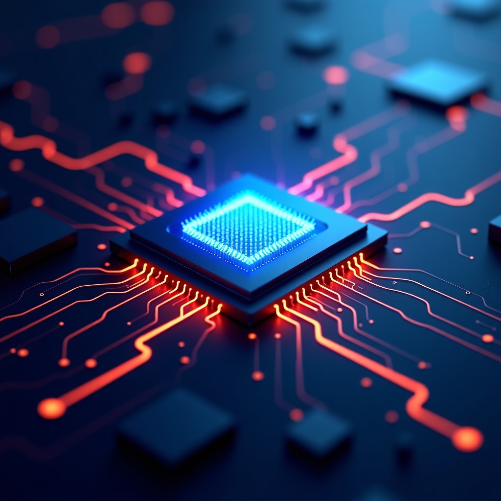 A sleek and modern visualization of a high-end AI semiconductor chip with glowing neural network lines emanating from it, futuristic technology background, high contrast, cinematic lighting, 4:3