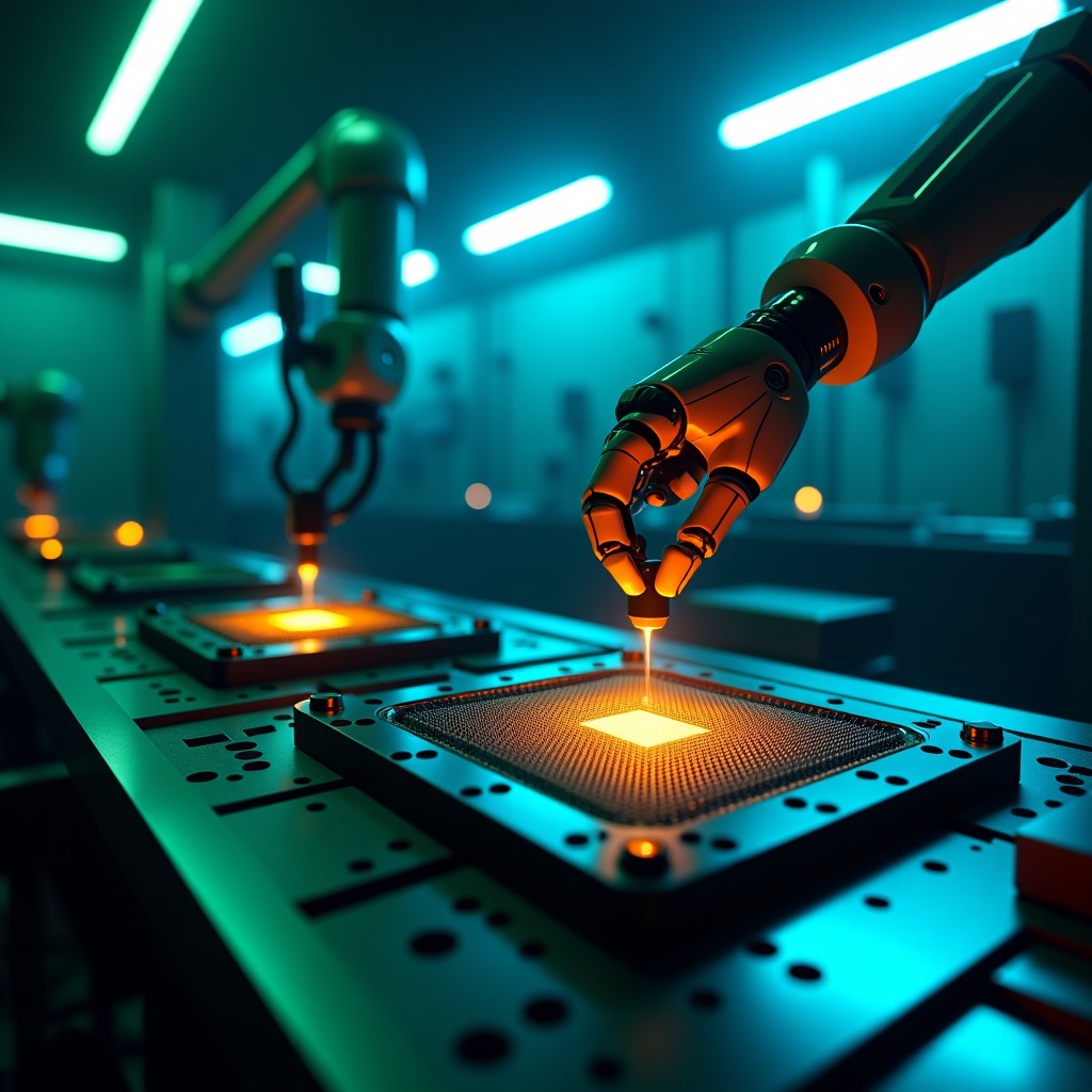 A futuristic high-tech laboratory where a robotic arm is prioritizing the assembly of large AI server chips over smaller consumer gaming graphic cards, dramatic blue and green lighting, cinematic composition, 4:3