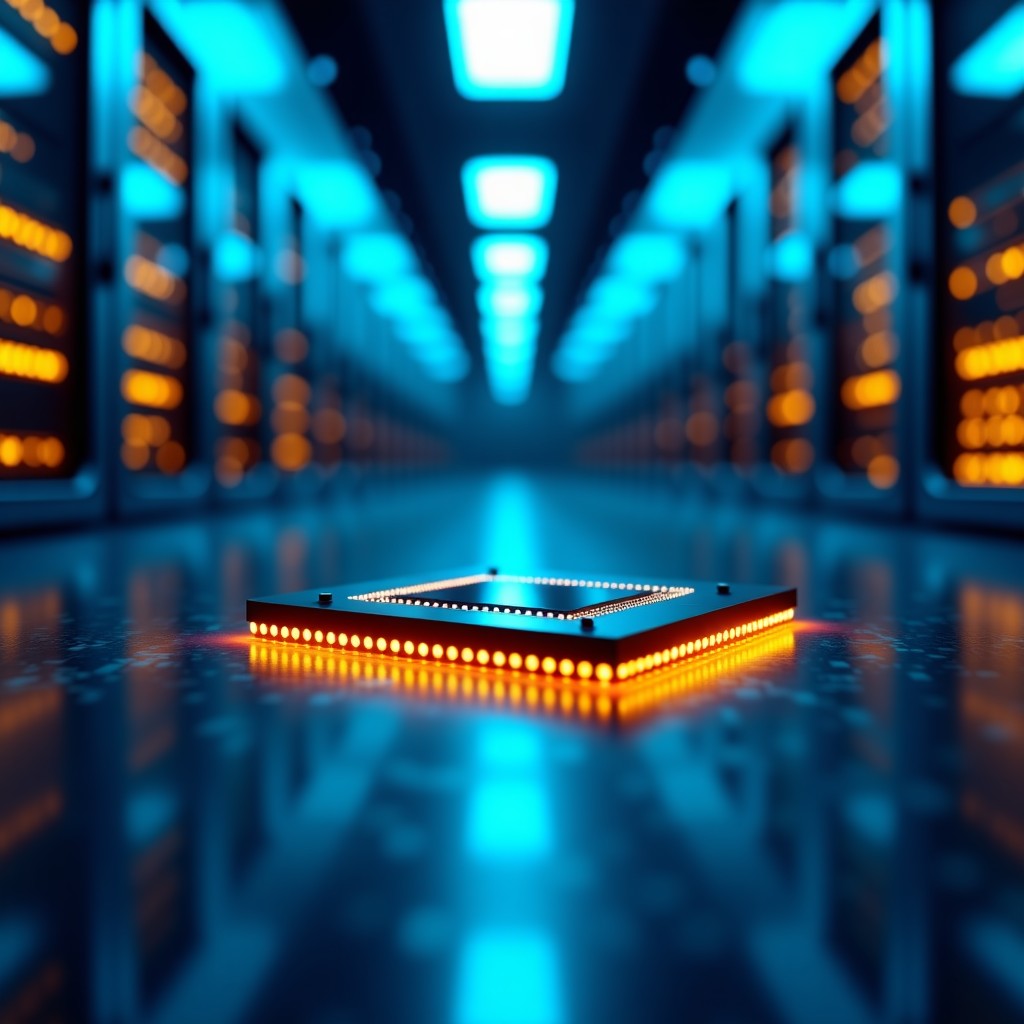 A futuristic and high-tech data center filled with glowing AI processor units and servers. The lighting is neon blue and gold, representing high performance and value. A close-up of a sophisticated semiconductor chip is visible in the foreground. No text, cinematic lighting, 4:3