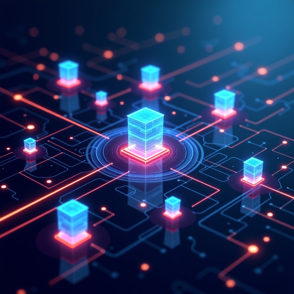 Abstract representation of multiple AI agents collaborating on a complex software architecture, interconnected nodes and data streams, neon light trails, dark professional background, high contrast, 1:1