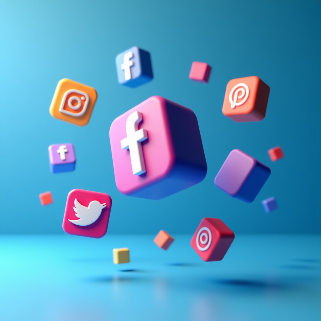 High quality 3D rendering of various social media app icons floating in a digital blue space, vibrant colors, clean composition, 1:1