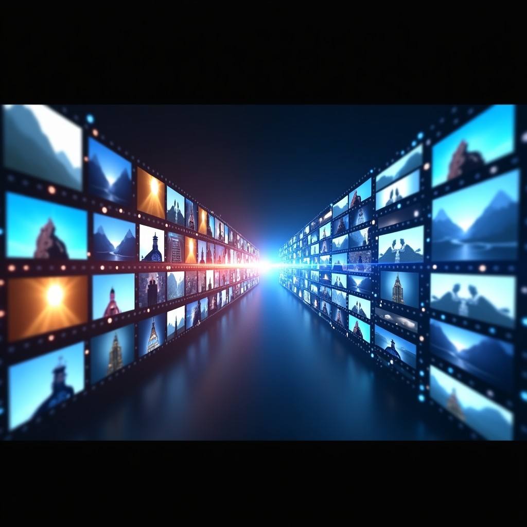 A split screen visualization showing multiple raw video clips on one side and a perfectly organized cinematic timeline on the other, glowing digital connections between clips, high-tech aesthetic, 4:3