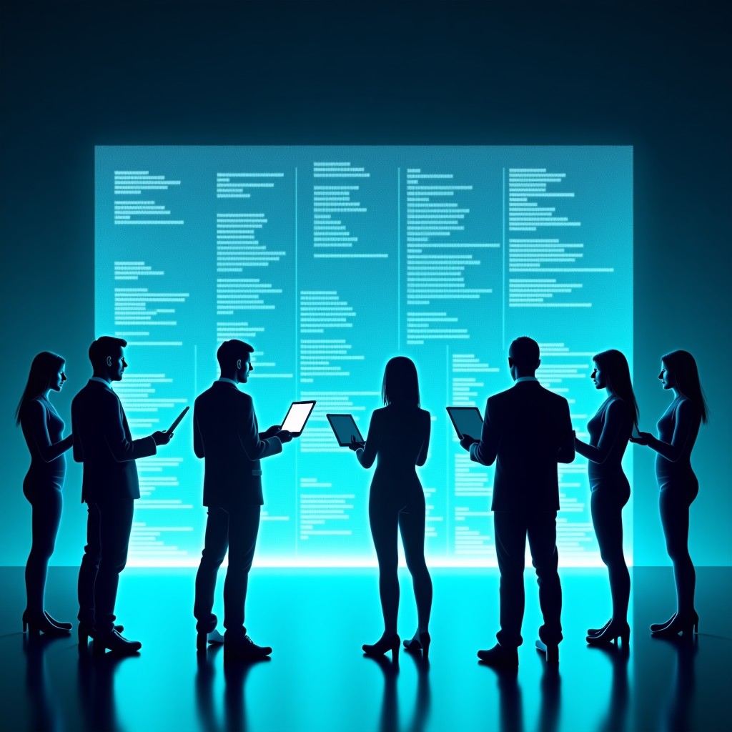 A conceptual digital artwork showing multiple translucent AI agent silhouettes collaborating on a large holographic screen filled with complex code strings and system architectures. The style is futuristic and organized, using shades of neon blue and teal. High contrast, clean layout, no text, 4:3