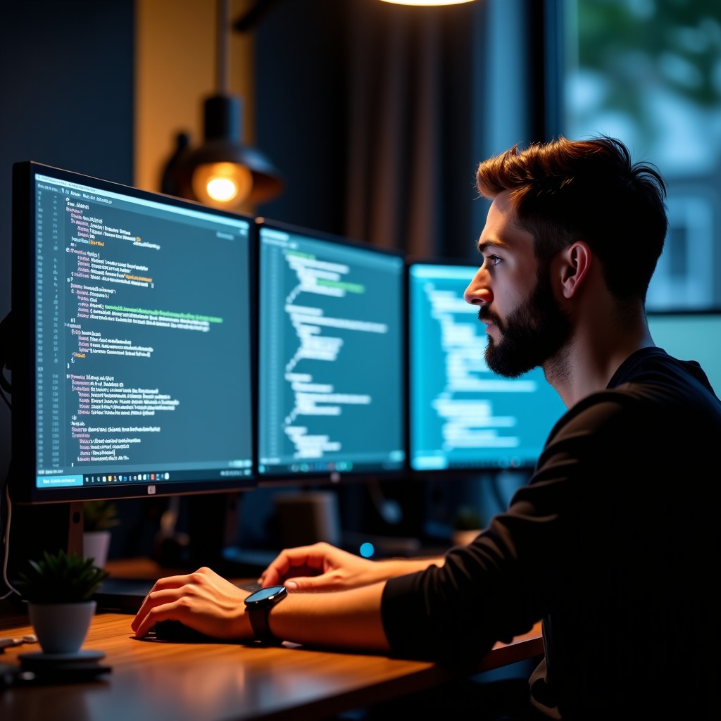 A professional developer working on multiple high-resolution monitors displaying complex programming code in a dark modern office. Warm ambient lighting, natural skin tones, focused expression, 4:3
