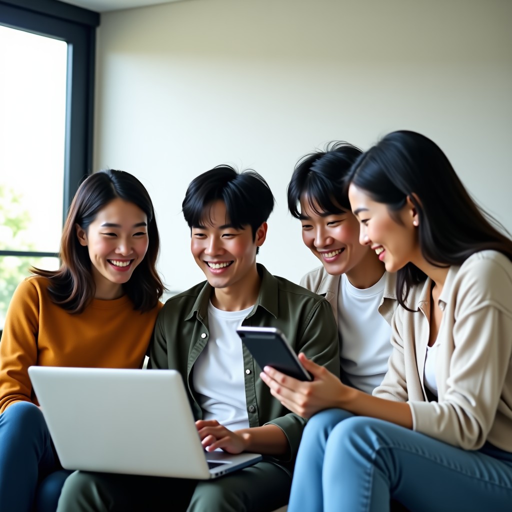 A group of Korean friends sitting in a bright modern living room, looking at a laptop and tablet together to plan a trip, smiling expressions, natural lifestyle photography, warm and inviting atmosphere, 1:1