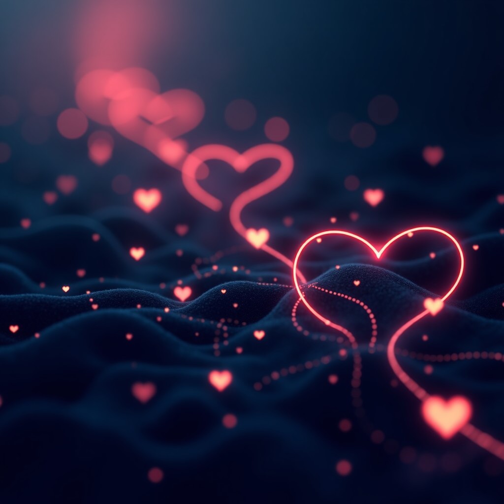 An artistic digital illustration of a network of glowing lines and hearts on a dark navy background, 4:3