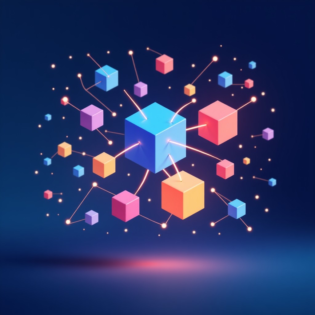 An abstract illustration representing collaboration and productivity. Floating colorful geometric shapes connected by glowing lines on a deep blue gradient background. Artistic and clean. 4:3