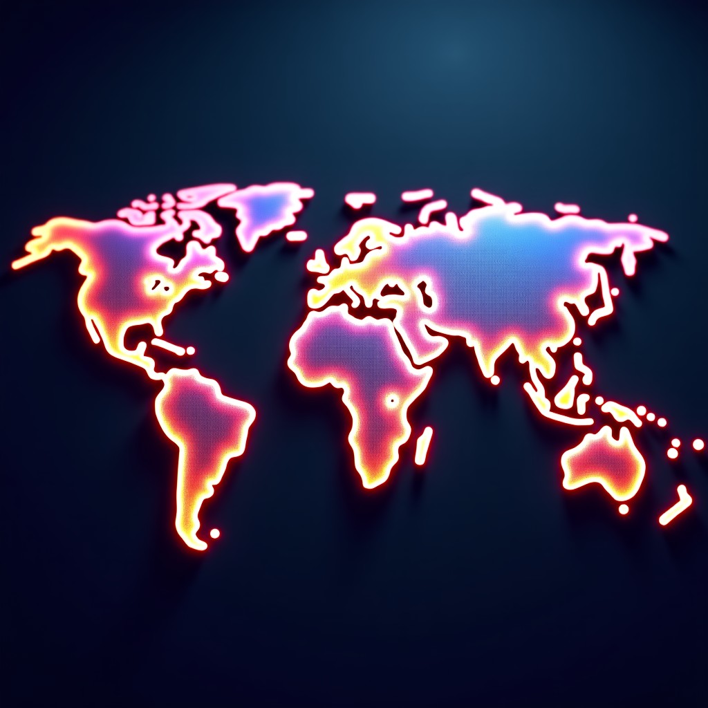 An artistic rendering of a global network with glowing nodes and interconnecting lines representing social media engagement. Vibrant colors with a dark textured background. High contrast, modern and energetic feel. 1:1
