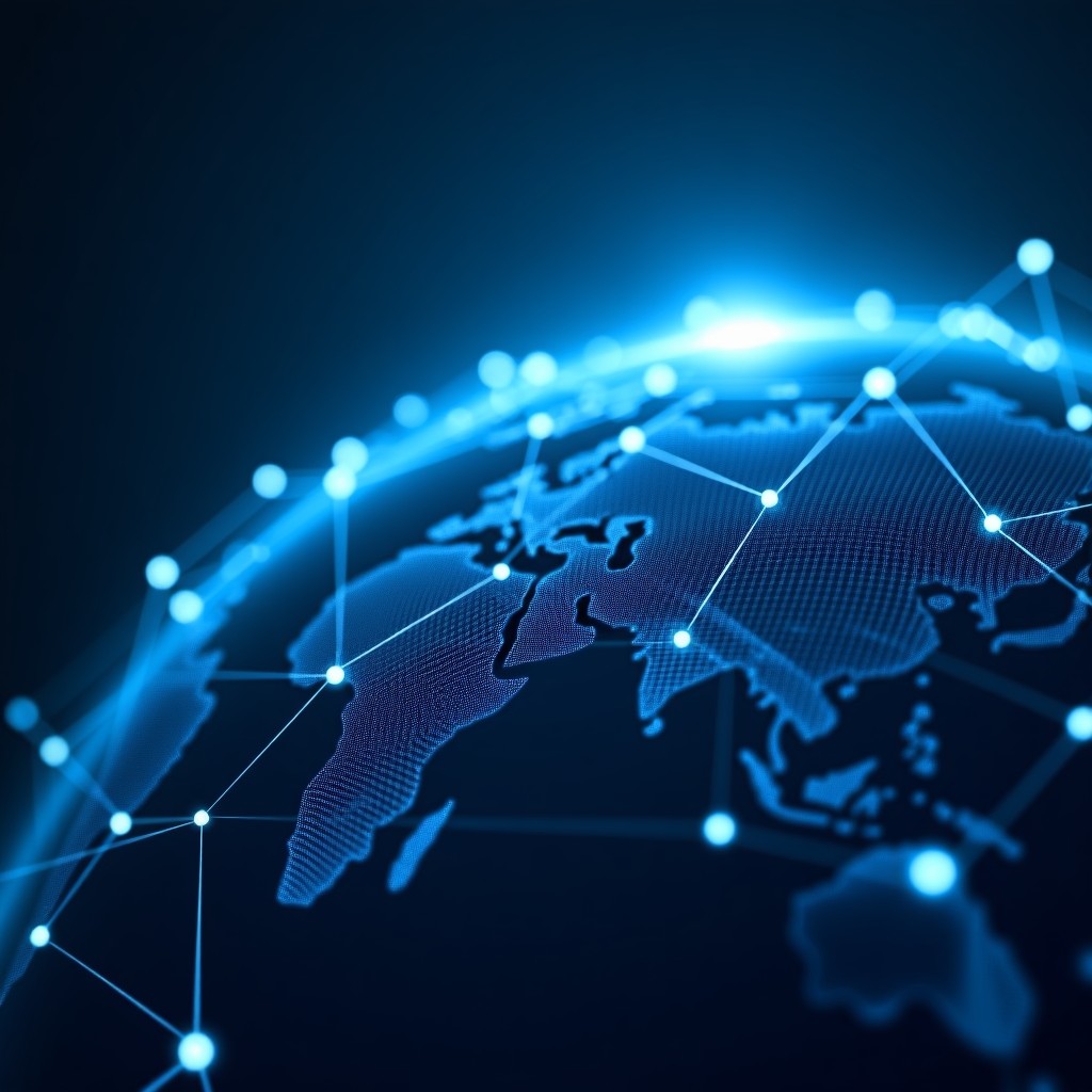 An abstract artistic rendering of a global network with interconnected lines and points of light. The background is a deep blue gradient with a sense of depth and technology. 1:1