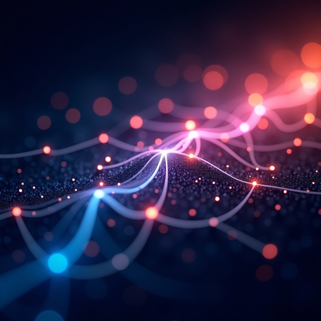 Abstract representation of digital connectivity and energy flow, glowing particles moving through a network, dark background with vibrant light streaks, 1:1