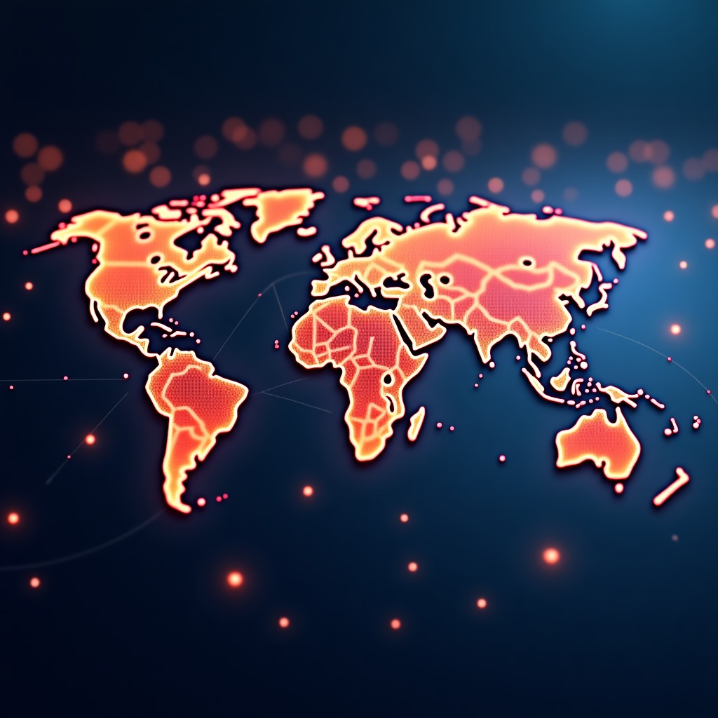 Digital concept of a global network reconnecting, glowing nodes and lines forming a secure structure, futuristic and professional design, clean high contrast background, 4:3