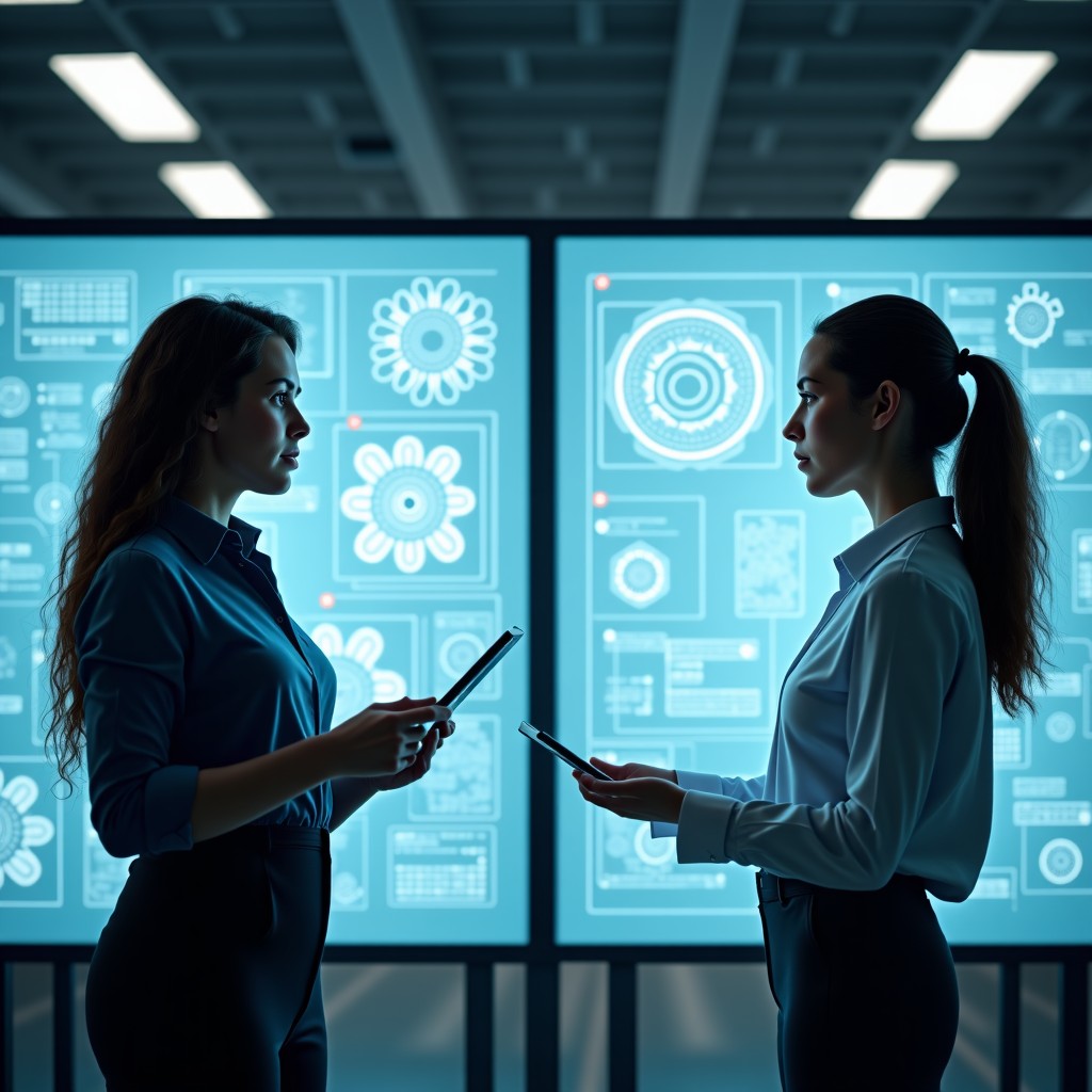Two professional female AI engineers of Middle Eastern and Caucasian descent working together in a modern, sunlit tech laboratory. They are looking at a large transparent screen displaying complex circuit designs and neural network diagrams. The setting is collaborative and sophisticated. 4:3