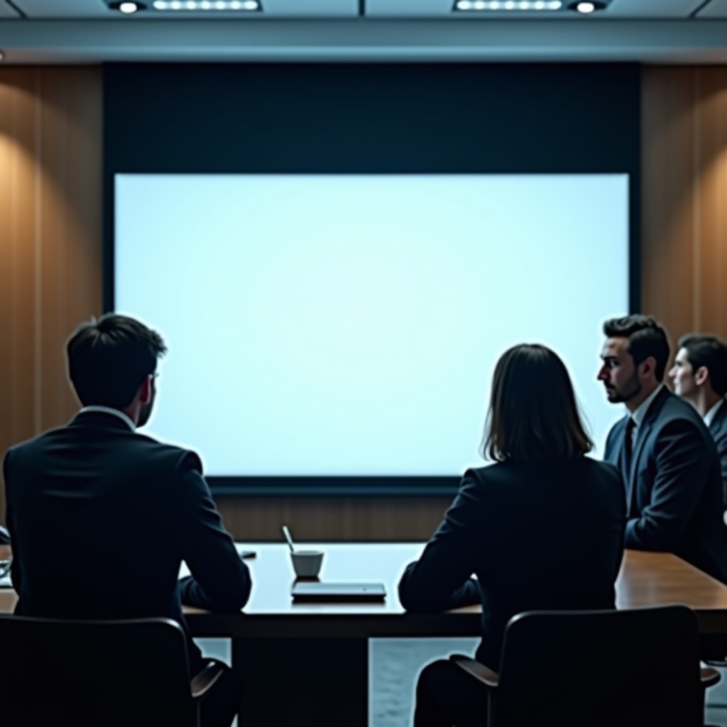 A professional meeting room setting with researchers looking at a large screen. The atmosphere is tense and serious. Soft cinematic lighting with natural skin tones. Modern academic environment. 4:3