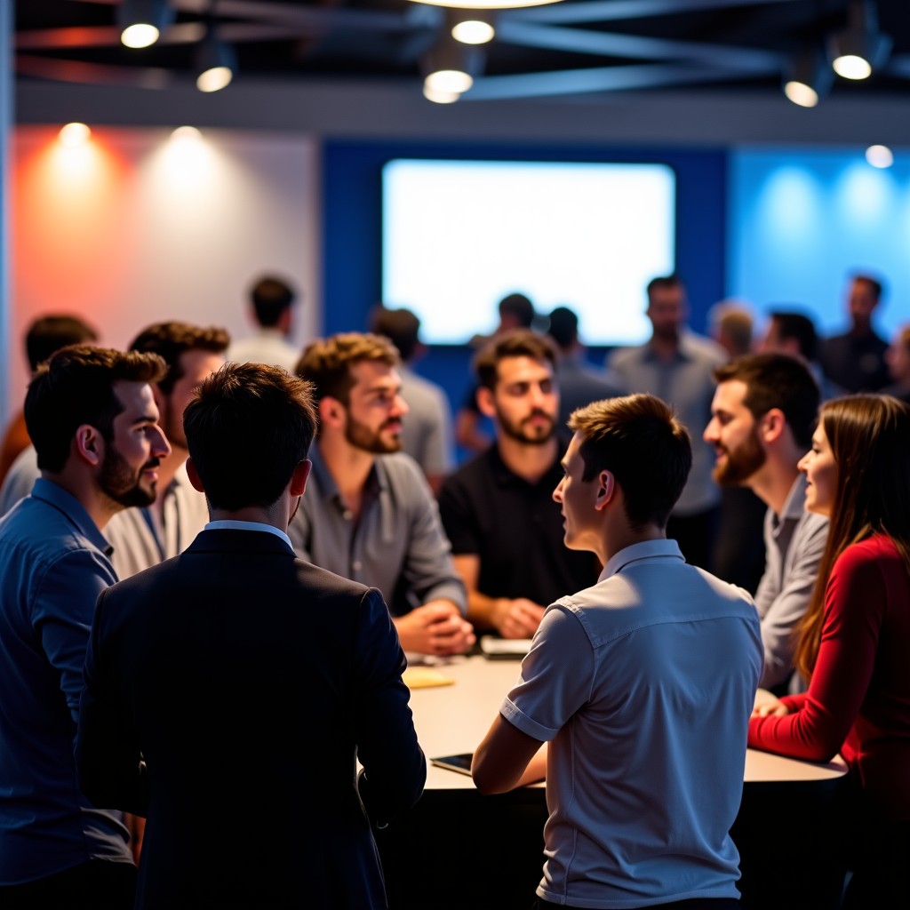 Diverse group of young entrepreneurs talking and sharing ideas at a tech event booth, professional and energetic mood, soft indoor lighting, 4:3