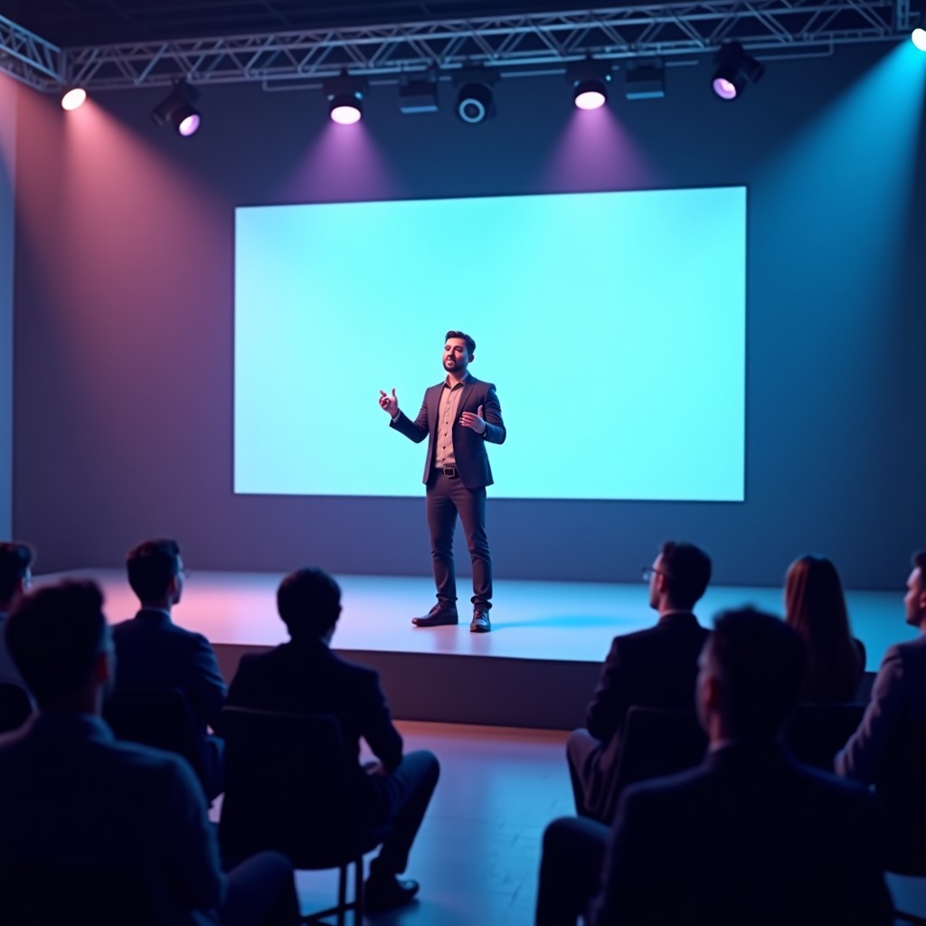 Energetic startup founder pitching on a high-tech stage, audience looking on with interest, professional lighting, realistic photography style, 4:3