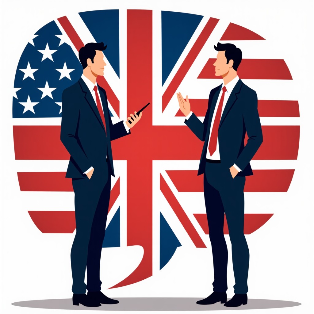 A professional and artistic illustration showing the fusion of British and American flags in the background. In the foreground, two people are engaged in a thoughtful conversation, representing language exchange and communication. Modern and clean style with high contrast. 1:1