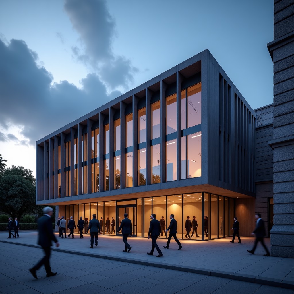 A wide shot of a modern courthouse in England under a dramatic sky. The architecture is a mix of traditional stone and glass. People in business suits are walking in and out. The atmosphere is serious and busy. High quality photography style. 4:3