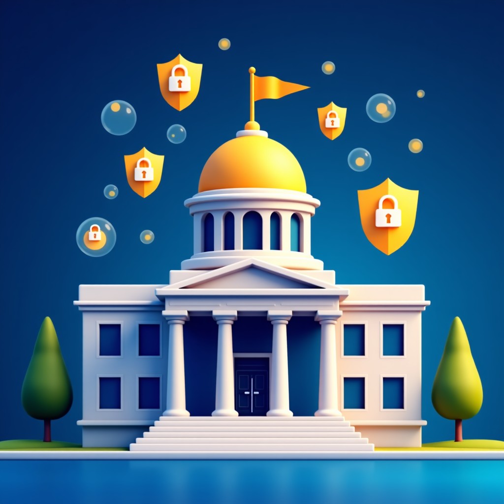 A professional digital illustration of a government building with digital shields and lock icons floating around it, representing online safety laws and cybersecurity, blue and gold color palette, high contrast, 4:3