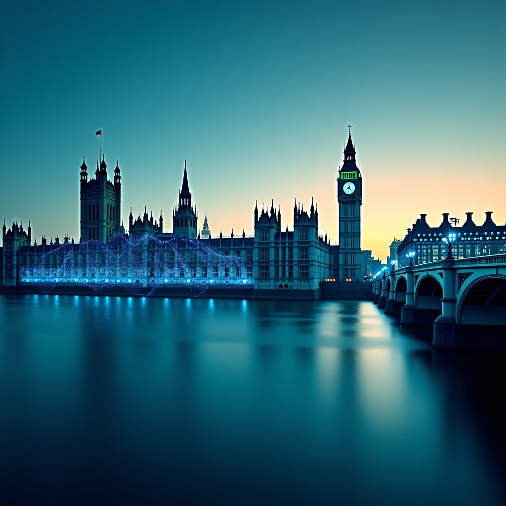 A cinematic shot of the Palace of Westminster in London with glowing blue digital data streams and neural network patterns overlaying the architecture. The lighting is sunrise orange and teal. Modern digital interface elements are subtly integrated into the sky. 4:3